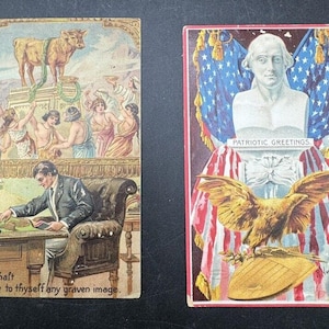 2 cartes postales patriotiques Buste de Washington et 10 commandements en relief Couleur incroyable !