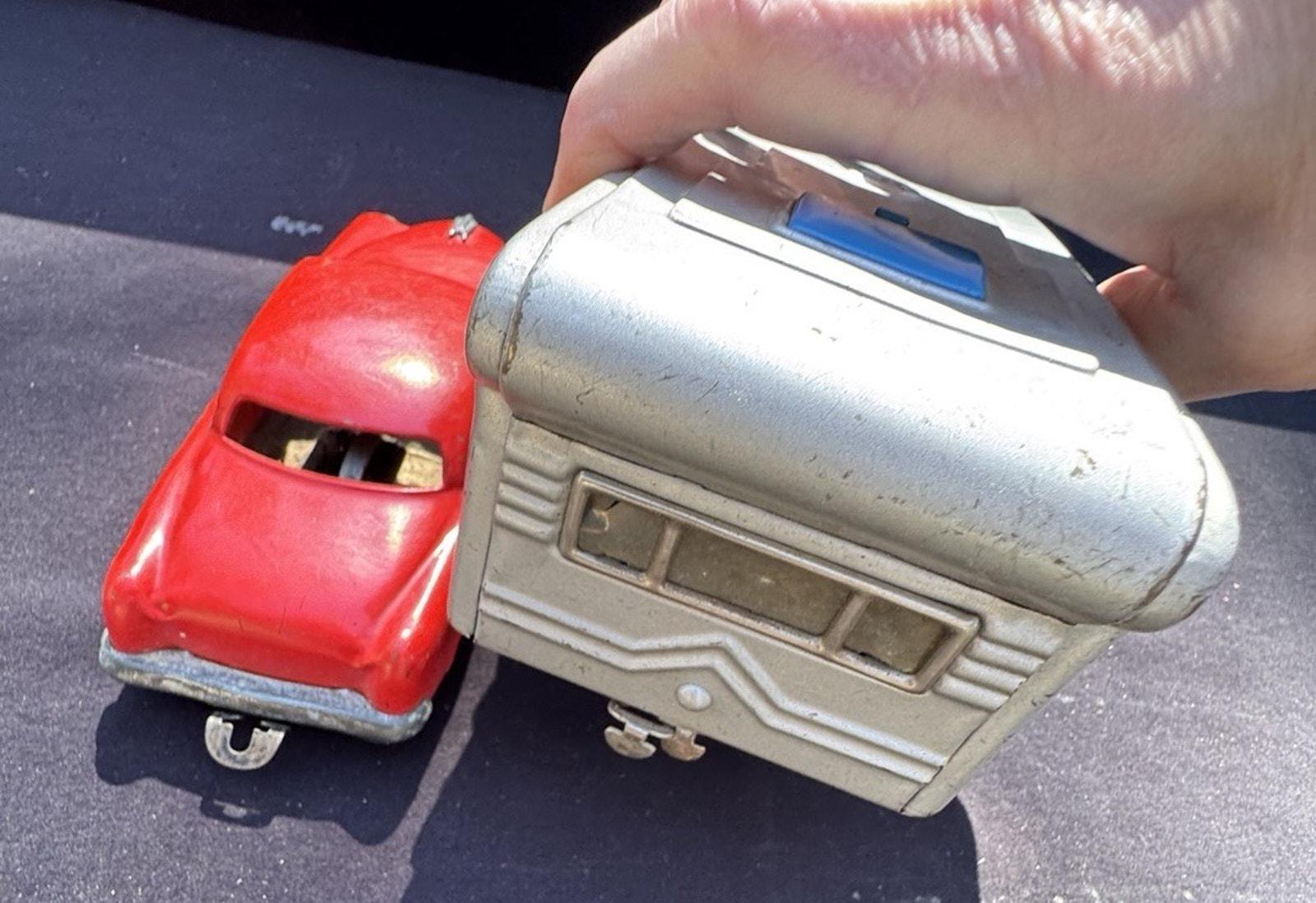 Rare Vintage Japan SSS Tin Friction Red Sedan W/ Camper Travel