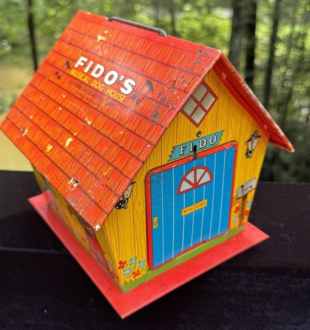 Vtg Fido's Musical Dog House Tin Swiss Music Box Mechanical Toy