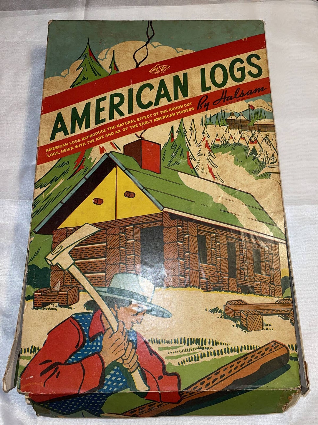 Antique 1930s Halsam Wooden American Logs Toy Building Set W/box ...
