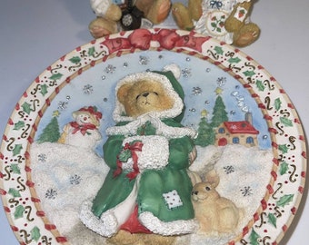 Enesco Cherished Teddies Lot of 2 Figurines & Christmas Plate So Cute!