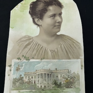 May include: A vintage postcard featuring a portrait of Mrs. Grover Cleveland, the First Lady of the United States, and a watercolor illustration of the White House. The text on the postcard reads "Mrs. Grover Cleveland (From an old photograph in our possession)"