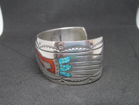 Vintage Inlaid Turquoise and Coral Cuff Signed J … - image 3