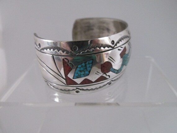 Vintage Inlaid Turquoise and Coral Cuff Signed J … - image 6