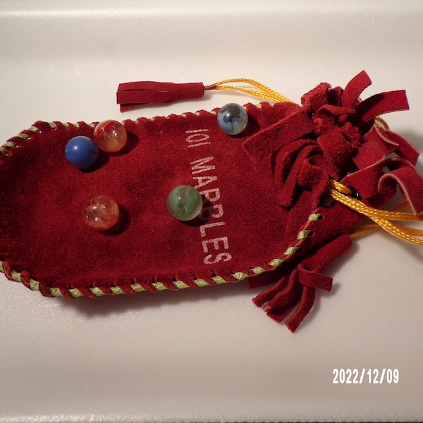 Red Suede 101 Marbles Bag with 5 Damaged Marbles