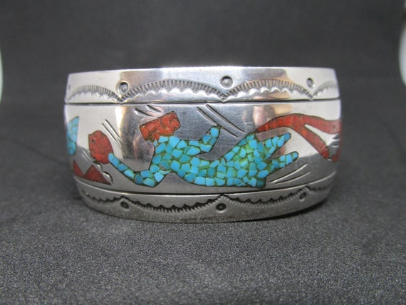 Vintage Inlaid Turquoise and Coral Cuff Signed J … - image 1