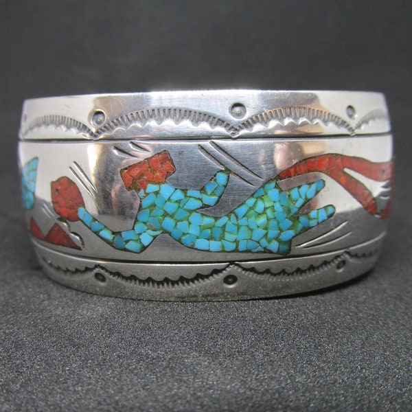 Vintage Inlaid Turquoise and Coral Cuff Signed J Nezzie