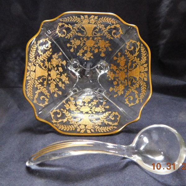 Cambridge Glass 4 Toed Bowl with Matching Spoon Gold Portia Etch