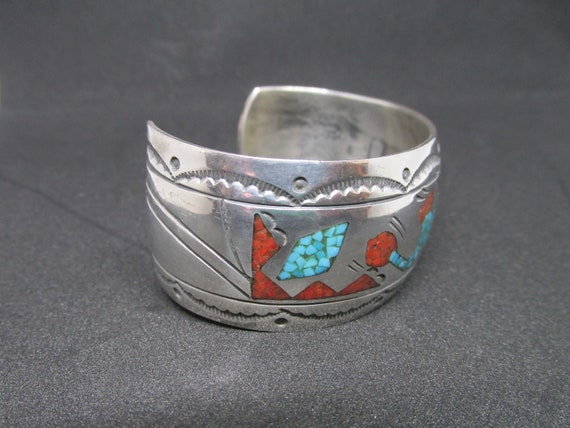Vintage Inlaid Turquoise and Coral Cuff Signed J … - image 2