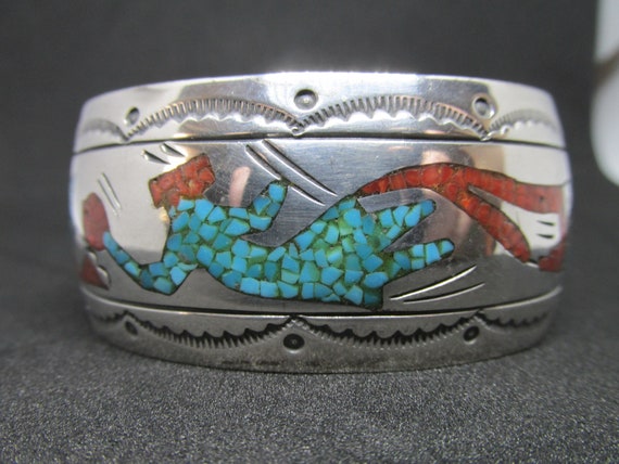 Vintage Inlaid Turquoise and Coral Cuff Signed J … - image 5