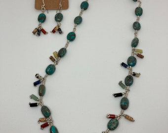 Turquoise and Semi Precious Tubes Sterling Silver Necklace/Bracelet/Earring Set