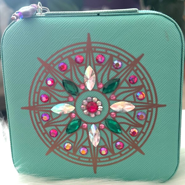 Turquoise and Gold with Crystals Compass Rose Travel Jewelry Box