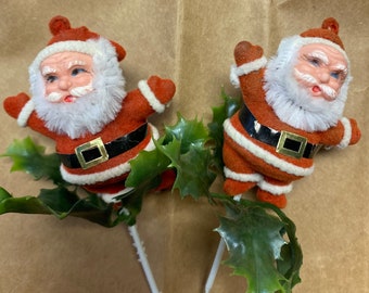 Vintage 2 Santa’s plant stick floral poke, Christmas decor, plastic/ felt/flocked ornaments,