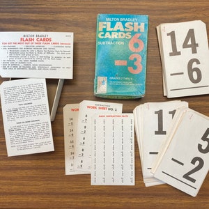 Vintage 1963 Milton Bradley Flash Cards, subtraction cards/game,  50 cards(100 problems), 5 self teaching work sheets/ instructions
