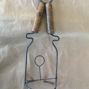 Antique vintage primitive canning jar lifter, wood handle with heavy metal wire, kitchen or dining room decor