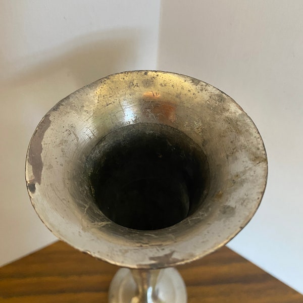 Vintage Silverplated metal/steel Banded Trumpet Bud Flower Vase, made in Germany, 1960’s circa, Viking primitive decor. Den decor, man cave.
