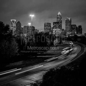 Charlotte City Skyline At Night Black & White Wall Art. Charlotte Black And White Pictures | Charlotte Office Art