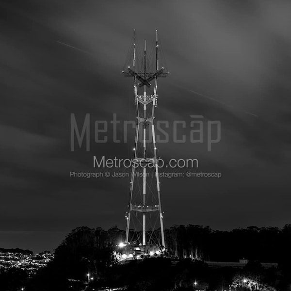 San Francisco Black and White Pictures | Black and White sutro tower twin peaks night Wall Art. San Francisco Office Art