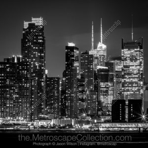 Fotografía en blanco y negro del horizonte de Manhattan, impresión del río Hudson