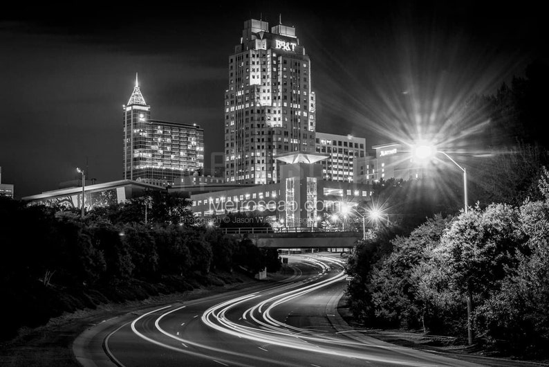 Downtown Raleigh Nc Skyline at Night Mcdowell Black & White Wall Art