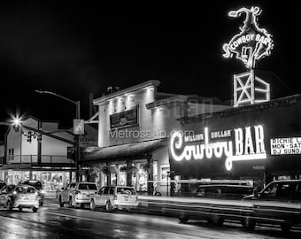 Million Dollar Cowboy Bar At Night Black & White Wall Art. Jackson Hole Black And White Pictures | Jackson Hole Office Art