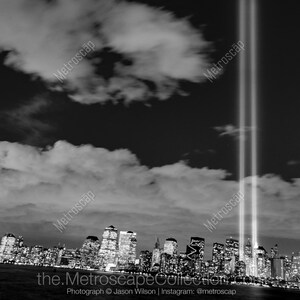 Fotografía de la ciudad de Nueva York, luces del 11 de septiembre, bellas artes en blanco y negro
