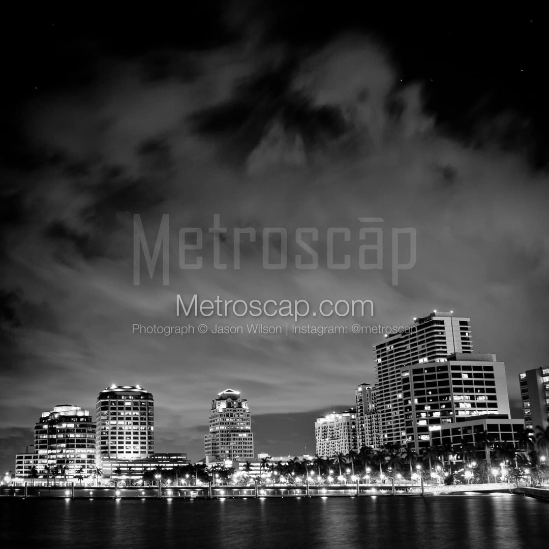 Downtown West Palm Beach City Skyline at Night Black & White Wall Art
