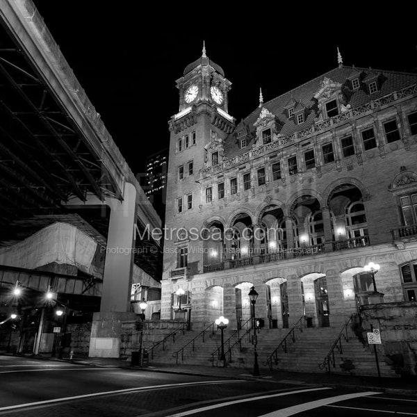 Richmond Amtrak Main Street Station At Night Black & White Wall Art. Richmond Black And White Pictures | Richmond Office Art