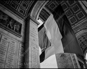 Paris Photography, French Flag, Arc de Triomphe, Black and White Fine Art