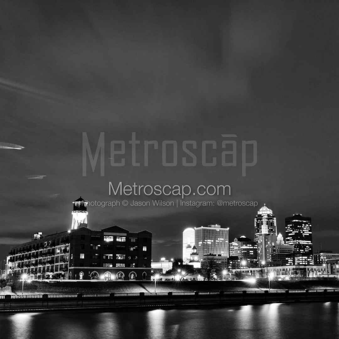 Des Moines Iowa at Night Black & White Wall Art. Des Moines Black and