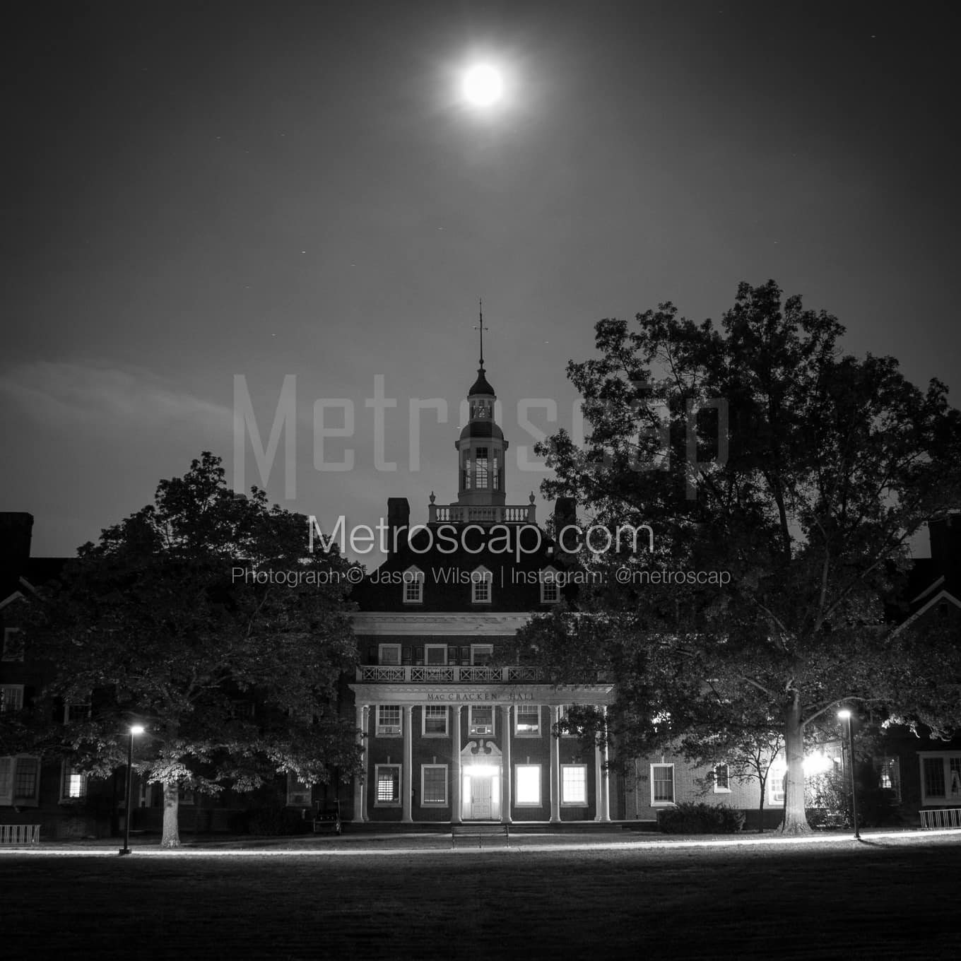 Maccracken Hall at Night Black & White Wall Art. Oxford Ohio Black and