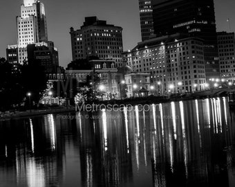 Providence Rhode Island City Skyline at Night Black White Wall