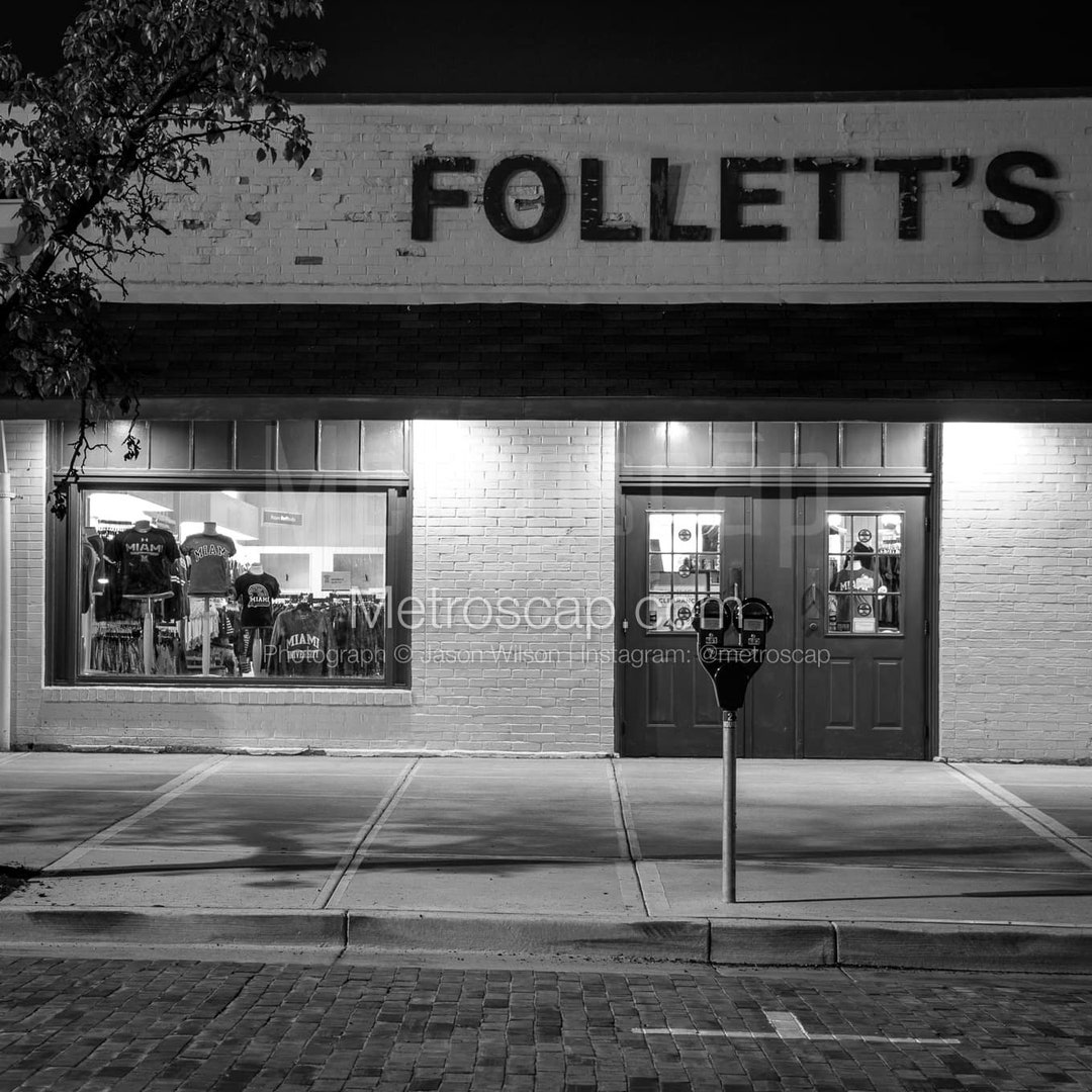 Folletts Book Store at Night Black & White Wall Art. Oxford Ohio Black