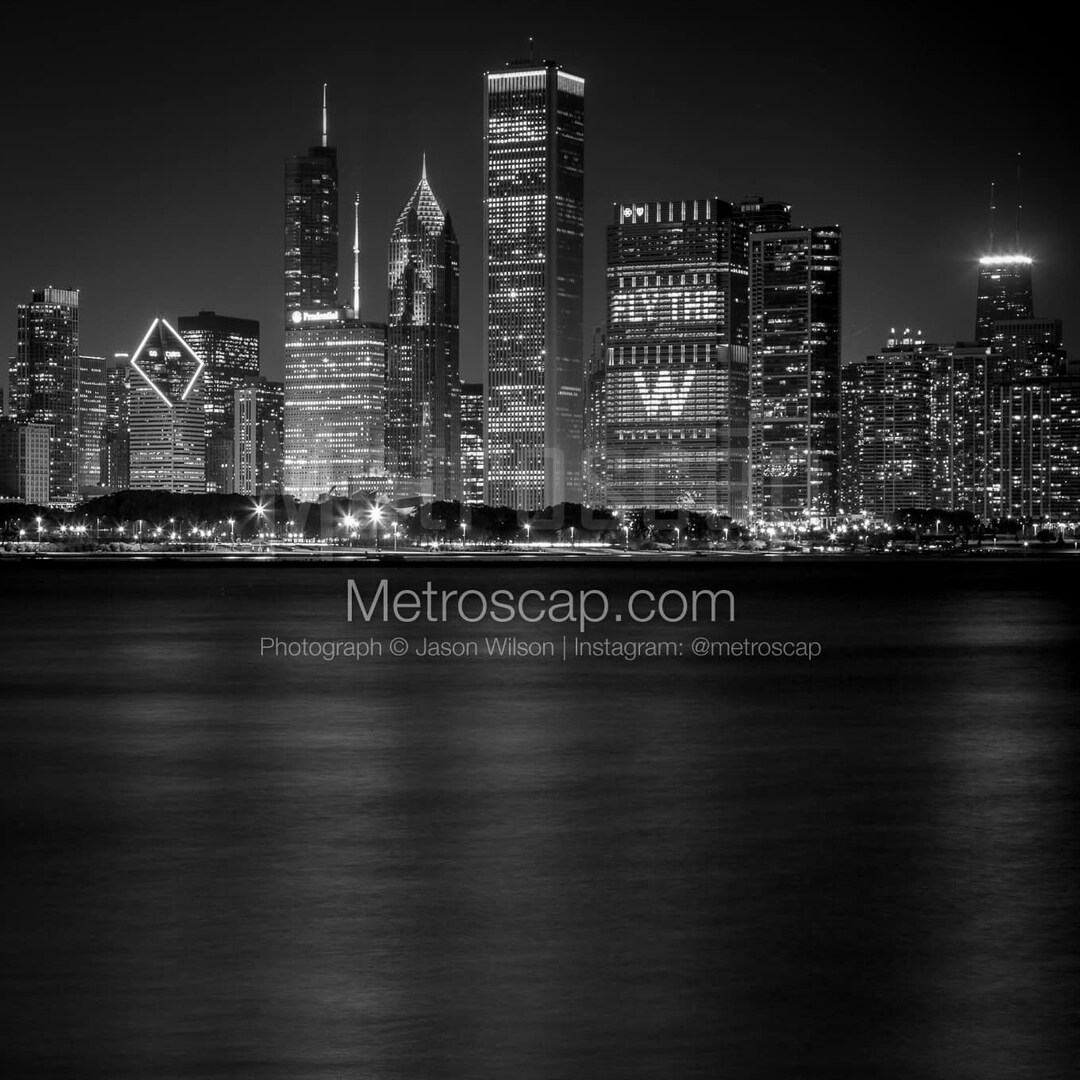 Chicago Pictures Black & White. Chicago Skyline at Night 2016 World Series Black and White Wall