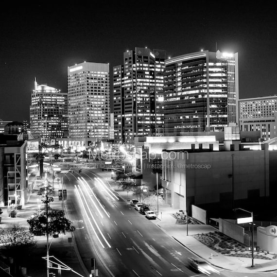 Phoenix Skyline at Night Jefferson Avenue Black & White Wall Art