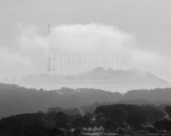 San Francisco Black and White Pictures | Black and White sutro tower covered in fog Wall Art. San Francisco Office Art