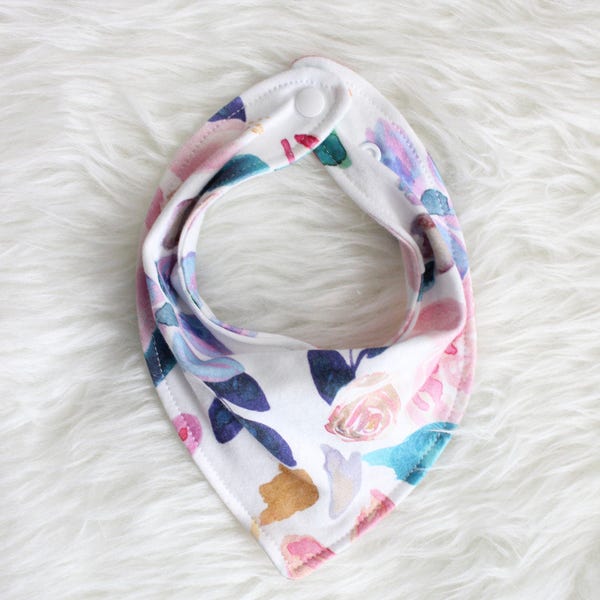 Organic Watercolor Floral Bandana Bib / Floral Bib / Knit Bandana Bib