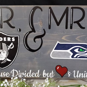 Mr. & Mrs. House Divided Personalized Wooden Sign... with saying - House Divided but Hearts United... you choose the teams you want!