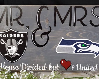 Mr. & Mrs. House Divided Personalized Wooden Sign... with saying - House Divided but Hearts United... you choose the teams you want!