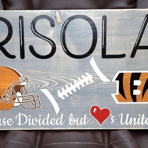 Last Name House Divided Personalized Wooden Sign with saying- House Divided but Hearts United... you choose the teams you want!
