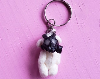 Micro mini creepycute gasmask teddy bear tiny plush toy keychain
