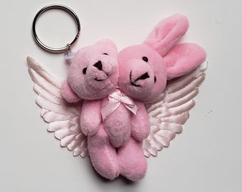 Llavero de osito de peluche conejito mutante kawaii de dos cabezas, espeluznante y adorable.