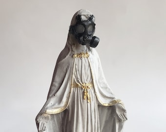Gas mask Virgin Mary statue with mini gasmask apocalypse statue of Mary decor