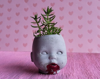 Small baby doll head blood mouth mini creepy cute cement cactus and succulent bonsai planter