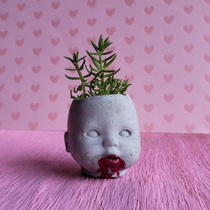 May include: A white ceramic planter shaped like a doll's head with a red painted mouth and dripping red paint. The planter is filled with green succulents.