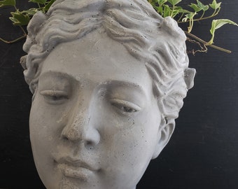 Woman head planter roman greek goddess cement cactus and succulent wallhanging planter