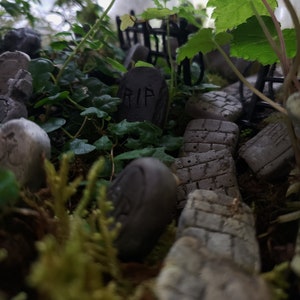 Peut inclure: Une scène de cimetière miniature avec une petite pierre tombale sur laquelle est inscrit "RIP", entourée de mousse, de rochers et de plantes vertes.