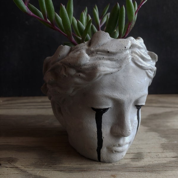 Black crying eyes woman face greek goddess planter cement cactus and succulent bonsai planter