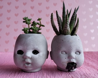 Lil baby doll head black eyes mini creepy cute cement cactus and succulent bonsai planter