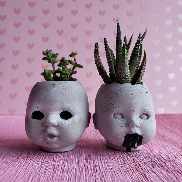 Lil baby doll head black eyes mini creepy cute cement cactus and succulent bonsai planter